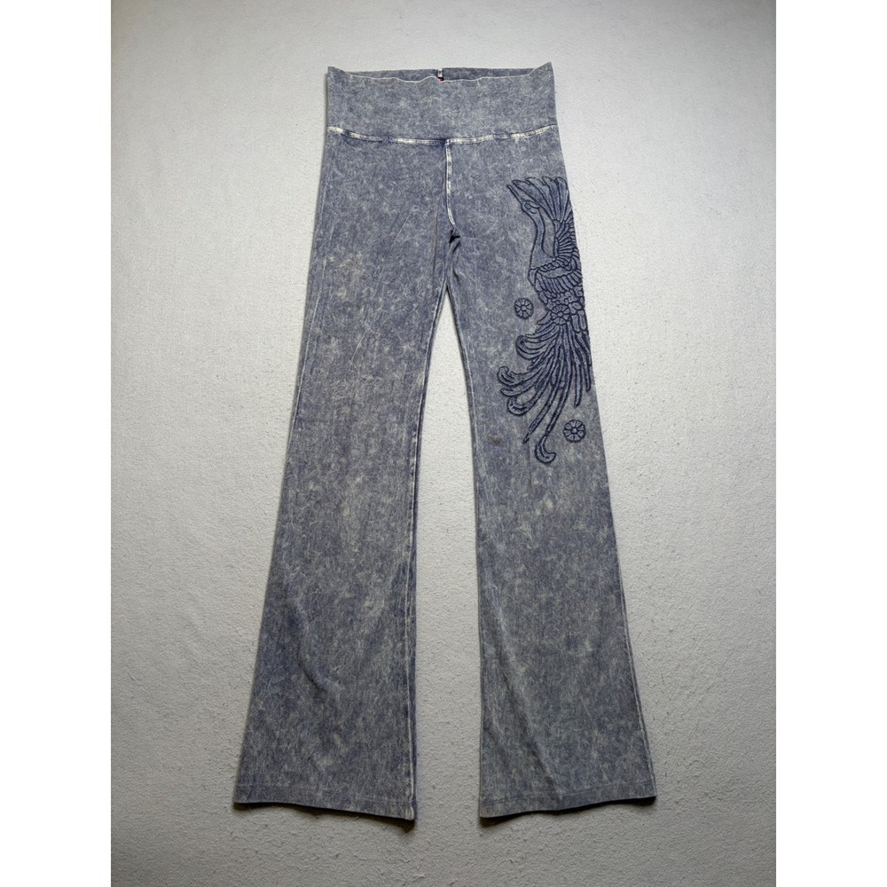 T-Party Flare Pants Women Large Blue Acid Wash Phoenix Embroidered Y2K Leggings